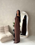 Zel Brown Off Shoulder Mesh Cape Premium Elegant Dress