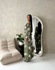 Roya Khaki V Neck Front Knot Floral Embroidery Dress