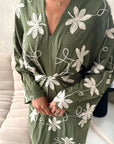 Roya Khaki V Neck Front Knot Floral Embroidery Dress