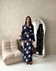 Roya Navy V Neck Front Knot Floral Embroidery Dress