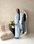 Roya Blue V Neck Front Knot Floral Embroidery Dress