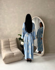 Roya Blue V Neck Front Knot Floral Embroidery Dress