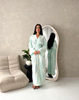 Roya Mint V Neck Front Knot Floral Embroidery Dress