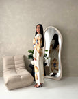 Tili Beige Modest Linen Floral Summer Tie Back Dress