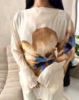 Tili Beige Modest Linen Floral Summer Tie Back Dress