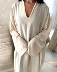 Hadia Beige Linen V Neck Lightweight Front Tie Oversized Dress