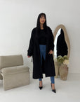 Kaira Black Collar Buttoned Belted Coat