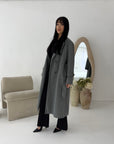 Kaira Light Grey Collar Buttoned Belted Coat
