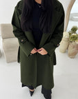 Kaira Khaki Collar Buttoned Belted Coat