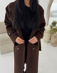 Kaira Brown Collar Buttoned Belted Coat
