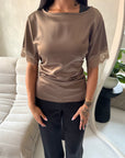 Rayna Mocha Summer Lace Detail Short Sleeve Tie Back Top