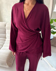 Ahura Wine V Neck Wrap Over Co Ord