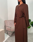 Levani Brown Green Wrap Tie Modest Dress