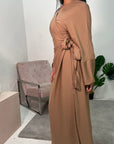 Levani Camel Wrap Tie Modest Dress