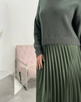 Hima Khaki Pleated Skirt And Knitted Jumper Dress