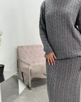 Akla Grey Cable Knitted Skirt And Jumper Two Piece Set