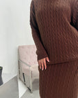 Akla Chocolate Cable Knitted Skirt And Jumper Two Piece Set