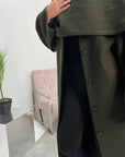 Alita Khaki Long Button Jacket With Attached Scarf
