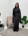 Una Chocolate Satin Tie Back Frill Sleeve Modest Dress