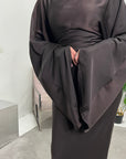 Una Chocolate Satin Tie Back Frill Sleeve Modest Dress