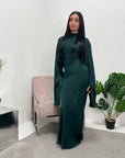 Una Emerald Green Satin Tie Back Frill Sleeve Modest Dress