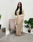 Una Beige Satin Tie Back Frill Sleeve Modest Dress