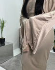 Una Beige Satin Tie Back Frill Sleeve Modest Dress