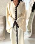 Sala Cream With Black Lace Detail V Neck Modest Kaftan Dress