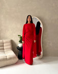 Nari Red Plain Waist Ruched Sleeve Cape Dress