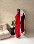 Nari Red Plain Waist Ruched Sleeve Cape Dress
