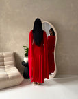 Nari Red Plain Waist Ruched Sleeve Cape Dress