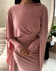 Nari Pink Plain Waist Ruched Sleeve Cape Dress