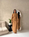 Nari Camel Plain Waist Ruched Sleeve Cape Dress