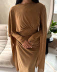 Nari Camel Plain Waist Ruched Sleeve Cape Dress