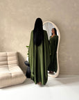 Sala Khaki Lace Detail V Neck Modest Kaftan Dress