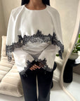 Siria White With Black Lace Trim Cape Elegant Top