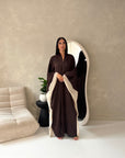 Marwa Brown With Cream Mesh Edge Modest Open Abaya Jacket