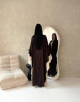 Marwa Brown With Cream Mesh Edge Modest Open Abaya Jacket