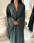 Kajol Emerald Green Lace Detail Open Modest Abaya Jacket