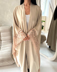Kajol Beige Lace Detail Open Modest Abaya Jacket