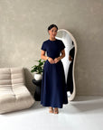 Ori Navy Short Sleeve A Line Tie Back Summer Dress