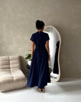 Ori Navy Short Sleeve A Line Tie Back Summer Dress