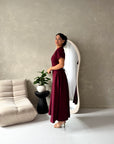 Ori Wine Short Sleeve A Line Tie Back Summer Dress