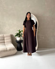 Ori Brown Short Sleeve A Line Tie Back Summer Dress