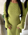 Viva Lime Green Mesh Floral Extreme Flare Sleeve Dress