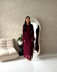 Viva Wine Mesh Floral Extreme Flare Sleeve Dress
