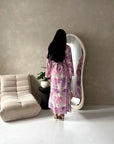 Arwa Purple Floral Side Gather Tie Back Summer Dress