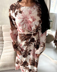 Arwa Brown Floral Side Gather Tie Back Summer Dress