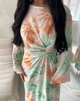 Arwa Orange Floral Side Gather Tie Back Summer Dress