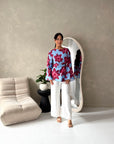 Taya Blue Floral Side Gather Tie Back Top